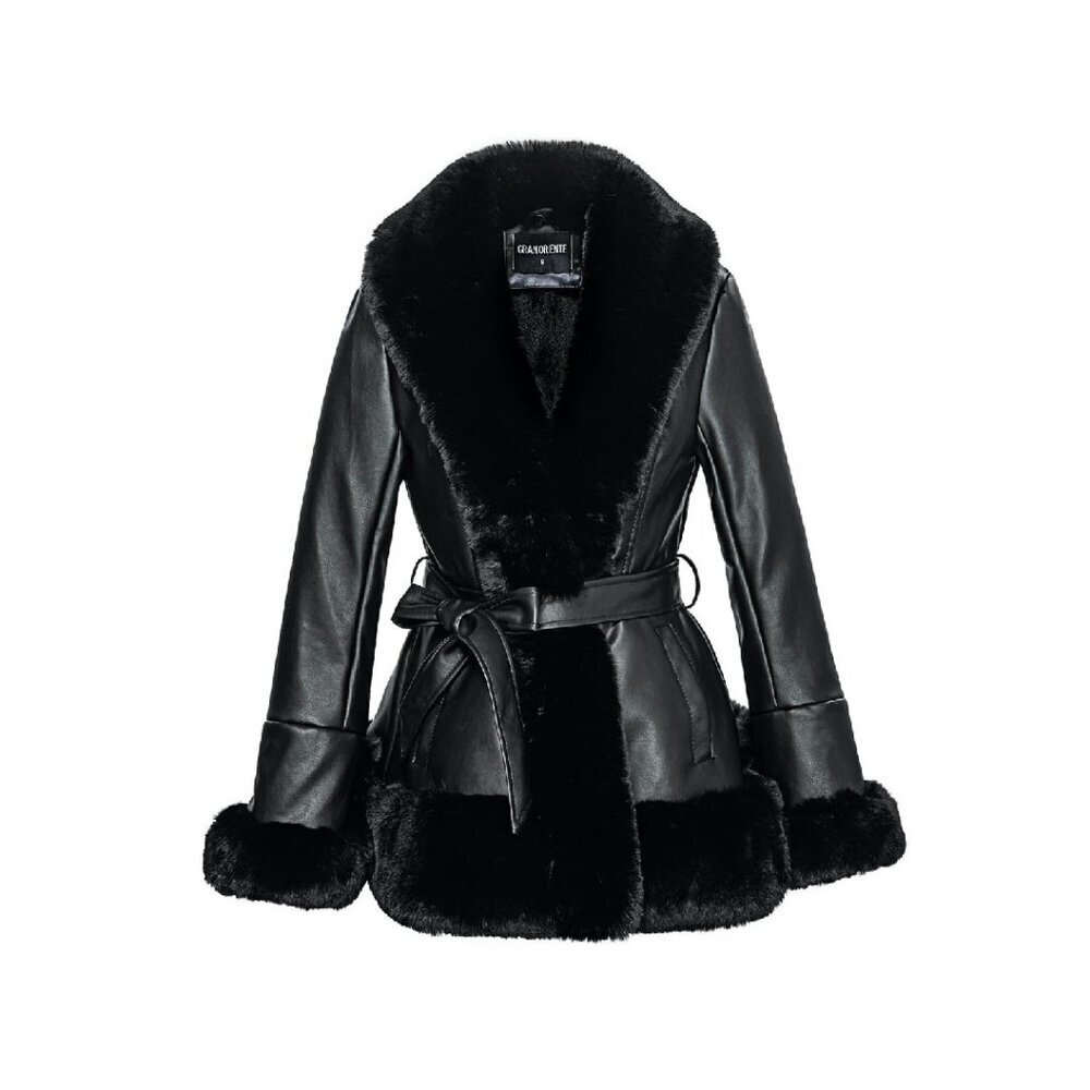 Faux Leather Jacket with Faux Fur Collar, Peplum Parka Coat with Belt